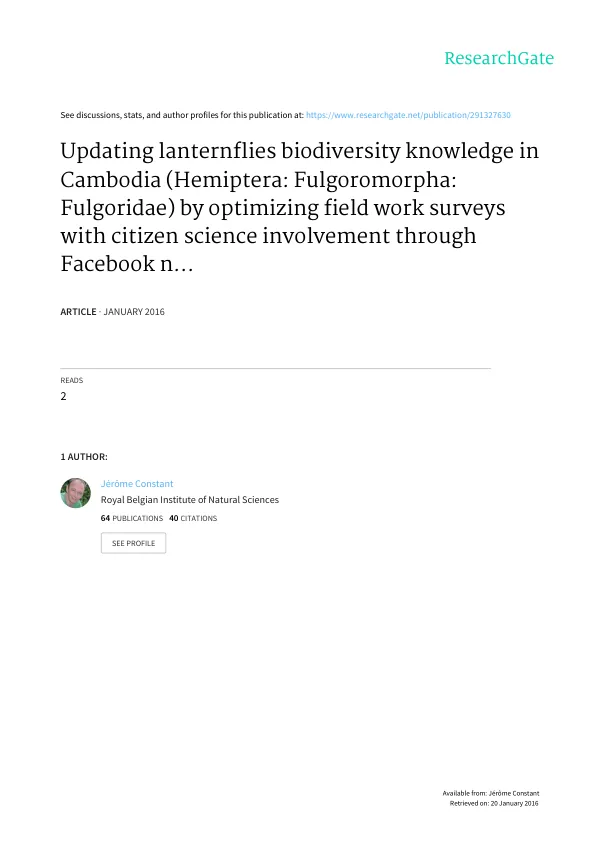 Updating lanternflies biodiversity knowledge in Cambodia (Hemiptera: Fulgoromorpha: Fulgoridae) by optimizing field work surveys with citizen science involvement through Facebook networking and data access in FLOW website