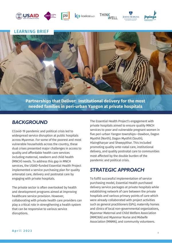 Partnerships that Deliver: Institutional delivery for the most needed families in peri-urban Yangon at private hospitals