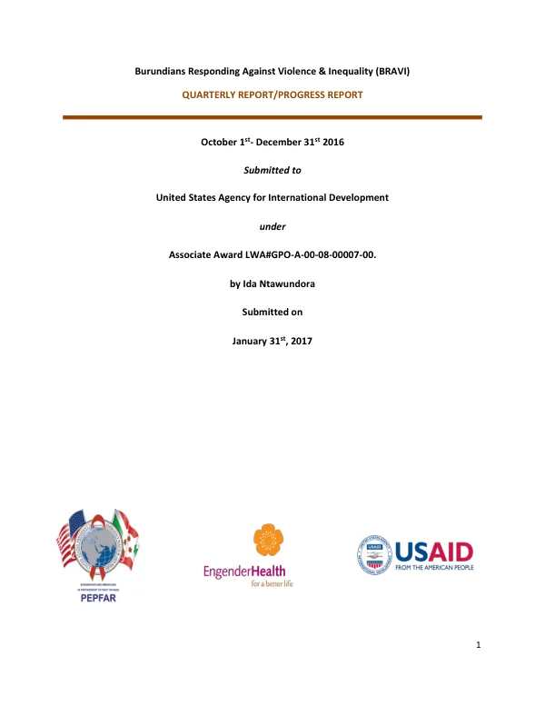 Burundians Responding Against Violence and Inequality (BRAVI) Quarterly Report/Progress Report