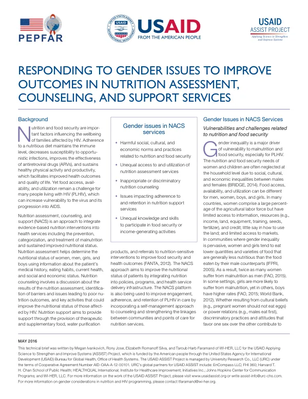 Responding to Gender Issues to Improve Outcomes in Nutrition Assessment, Counseling, and Support Services