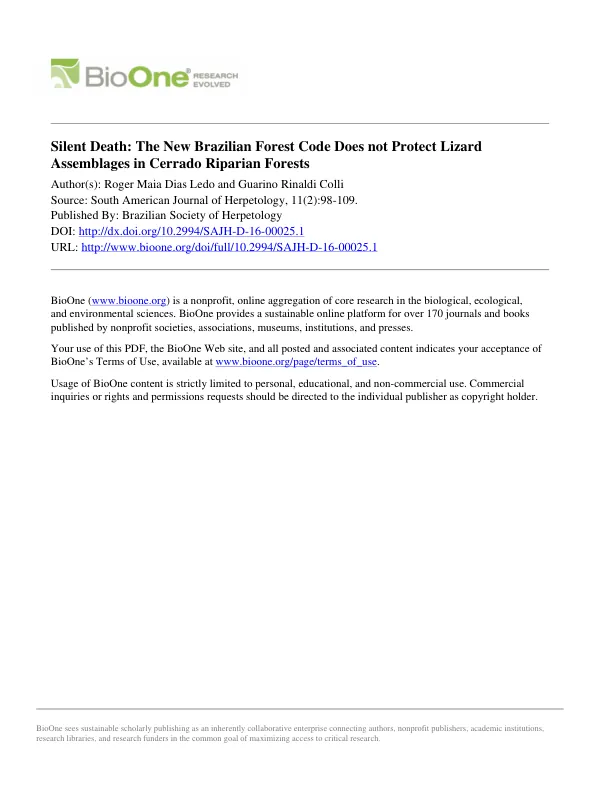 Silent Death: The New Brazilian Forest Code Does not Protect Lizard Assemblages in Cerrado Riparian Forests