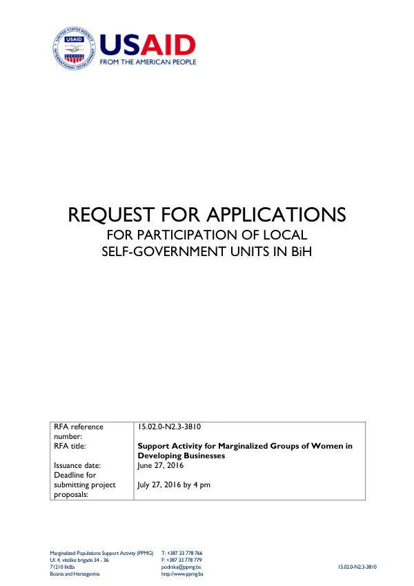 Request for Applications for Participation of Local Self-Government Units in BiH
