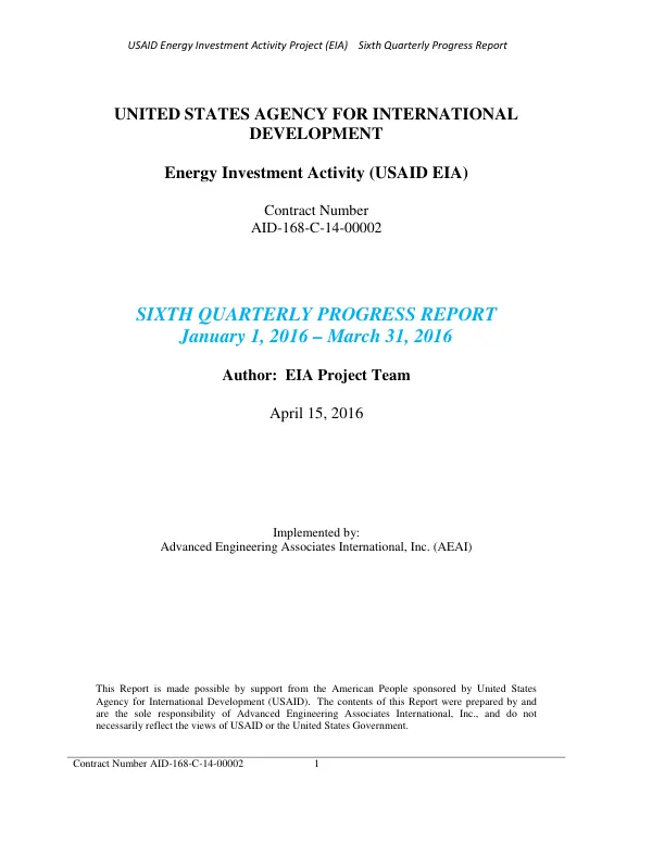 Sixth Quarterly Progress Report: USAID Energy Investment Activity Project (EIA)