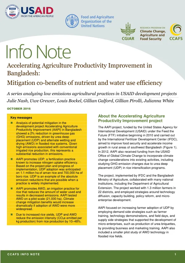 Accelerating Agriculture Productivity Improvement in Bangladesh: Mitigation co-benefits of nutrient and water use efficiency