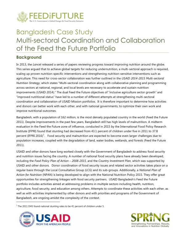 Multi-sectoral Coordination and Collaboration of the Feed the Future Portfolio: Bangladesh Case Study
