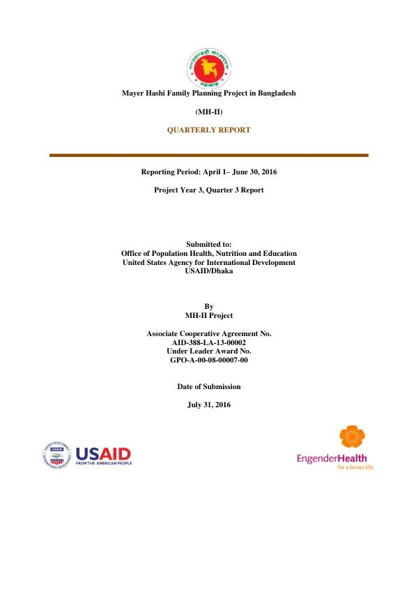 Mayer Hashi Family Planning Project in Bangladesh (MH-II) Quarterly Report