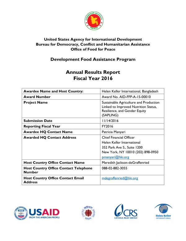 Annual Results Report: Sustainable Agriculture and Production Linked to Improved Nutrition Status, Resilience, and Gender Equity (SAPLING)