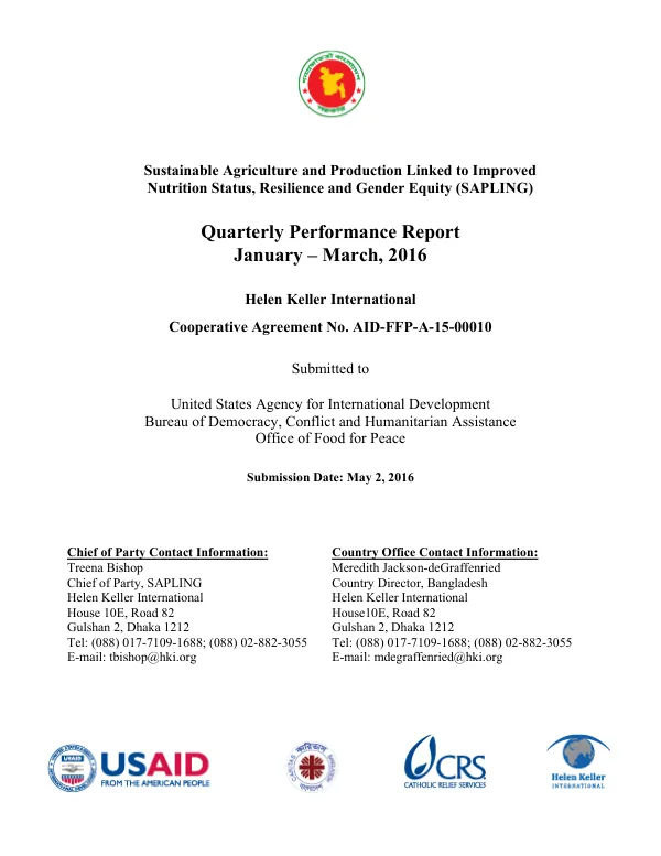2nd Quarter Report, FY2016: Sustainable Agriculture and Production Linked to Improved Nutrition Status, Resilience and Gender Equity (SAPLING)