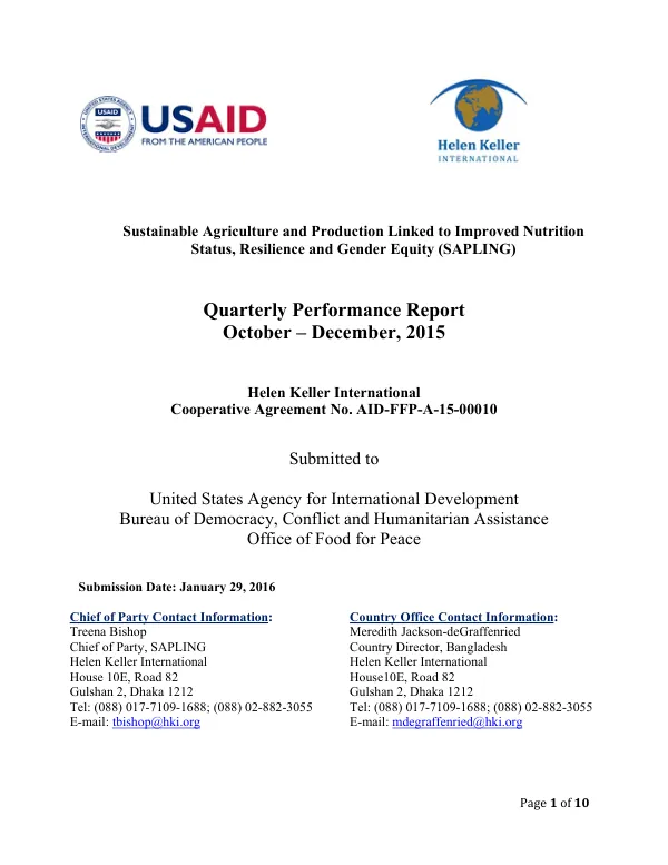 Sustainable Agriculture and Production Linked to Improved Nutrition Status, Resilience, and Gender Equity (SAPLING) Quarterly Performance Report