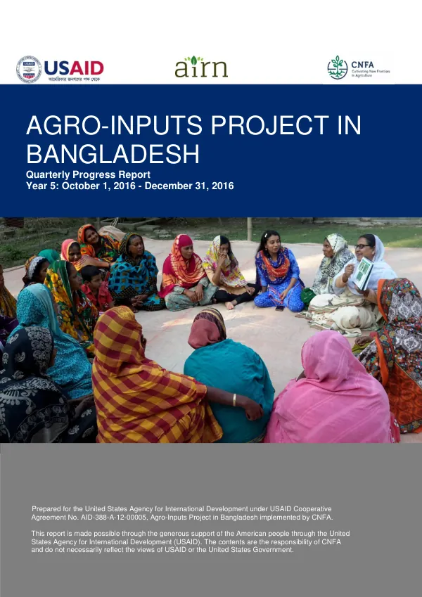 Agro-Inputs Project in Bangladesh: Quarterly Progress Report Year 5, Quarter 1: October 1, 2016-December 31, 2016