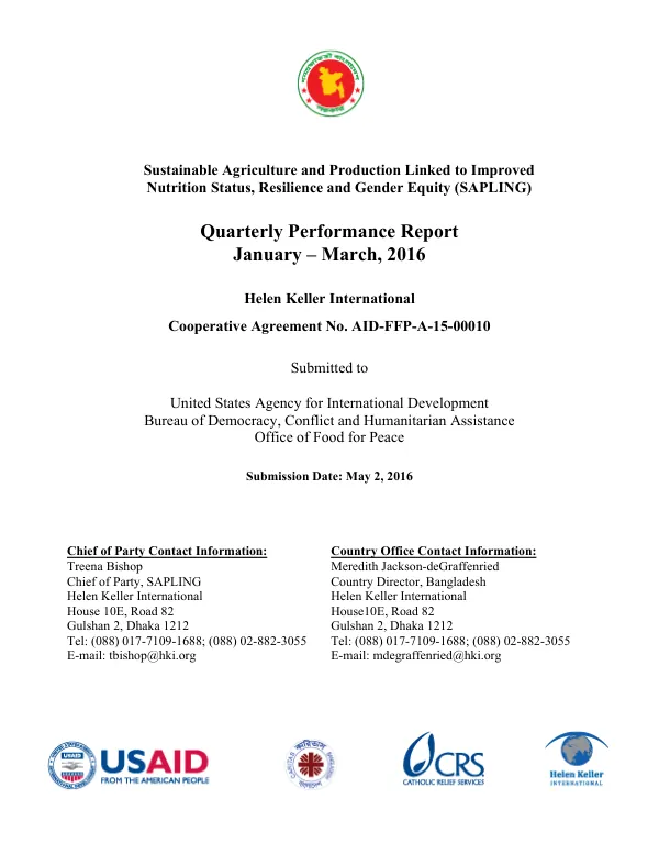 2nd Quarter Report, FY2016: Sustainable Agriculture and Production Linked to Improved Nutrition Status, Resilience and Gender Equity