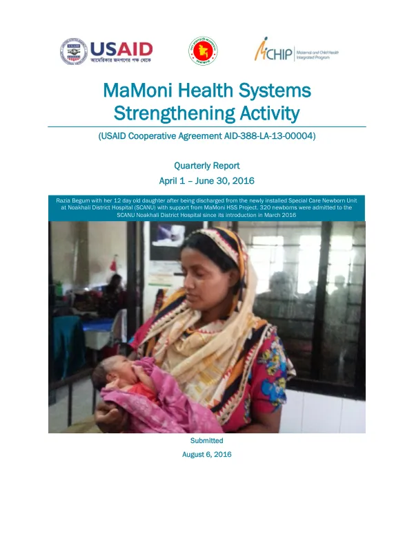MaMoni Health Systems Strengthening Activity: FY’16 Q3 Quarterly Report