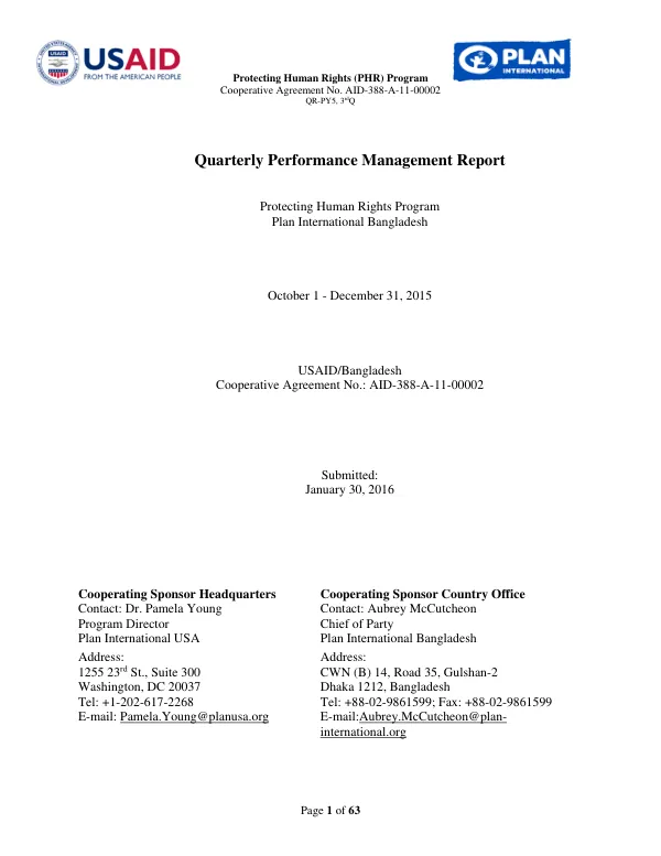 Quarterly Performance Management Report: Protecting Human Rights (PHR) Program