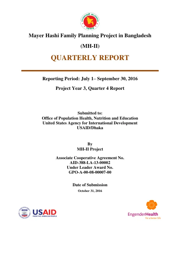 Mayer Hashi Family Planning Project in Bangladesh (MH-II) Quarterly Report