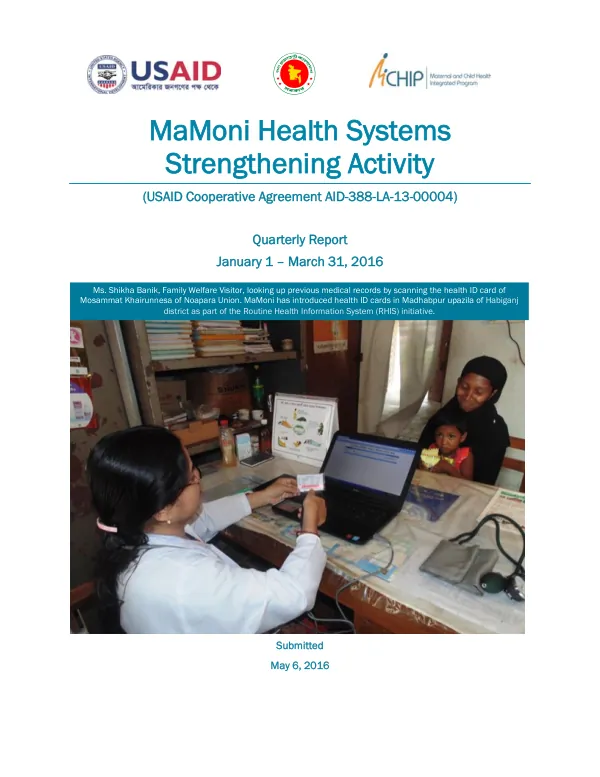 MaMoni Health Systems Strengthening Activity: FY’16 Q2 Quarterly Report