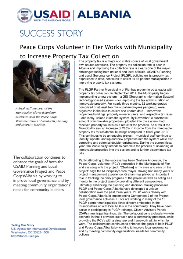 USAID/Albania PLGP Success Story: Peace Corps Volunteer in Fier Works with Municipality to Increase Property Tax Collection