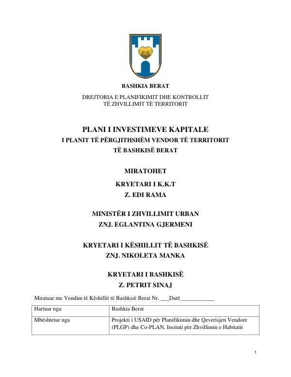 Bashkia Berat: Plani i Investimeve Kapitale