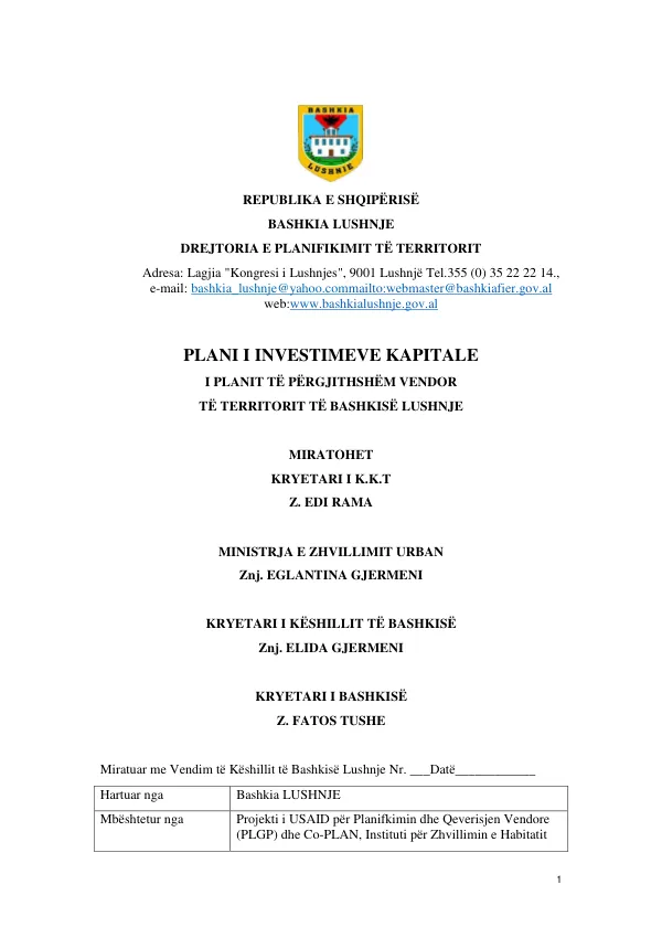 Bashkia Lushnje Plani i Investimeve Kapitale