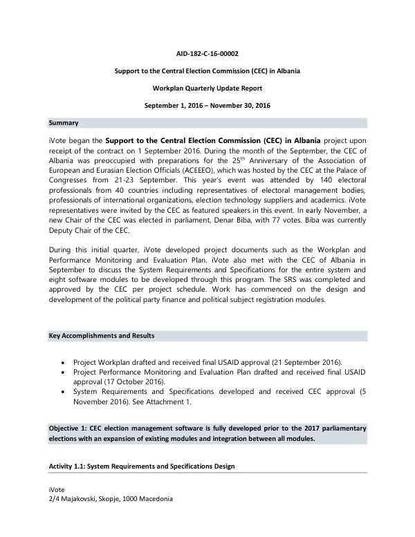 Support to the Central Election Commission (CEC) in Albania: Workplan Quarterly Update Report