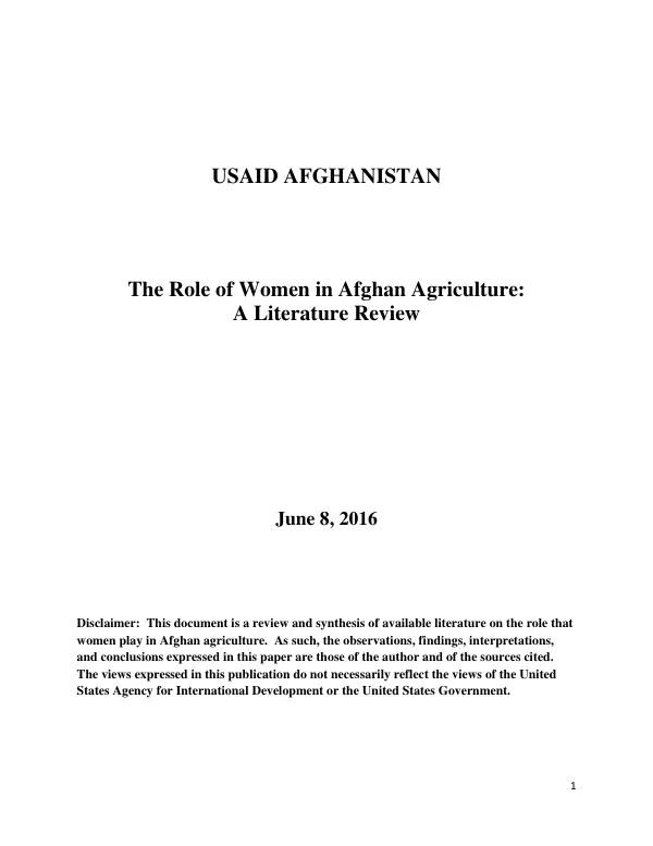The Role of Women in Afghan Agriculture: A Literature Review