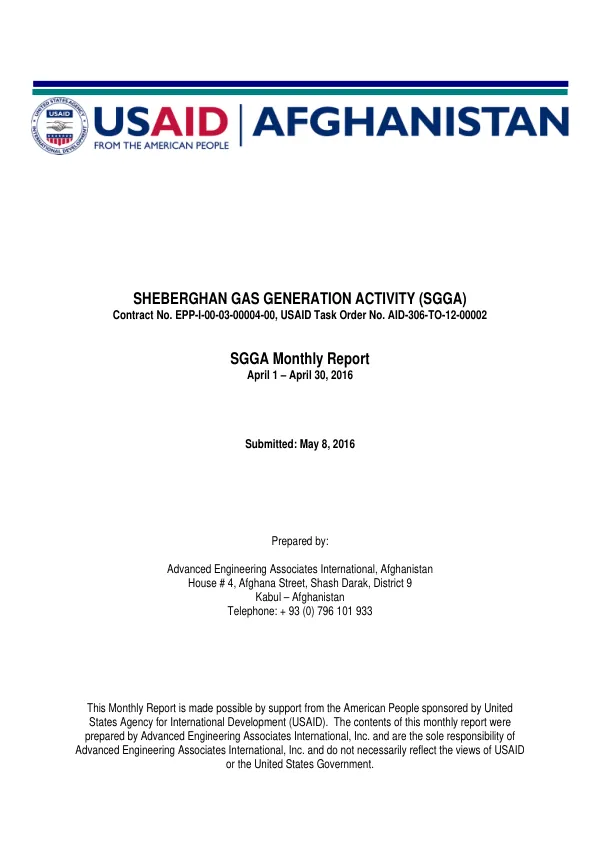 Sheberghan Gas Generation Activity (SGGA) Monthly Report April 1 – April 30, 2016