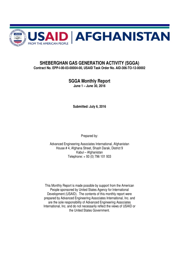 Sheberghan Gas Generation Activity (SGGA) Monthly Report June 1 – June 30, 2016