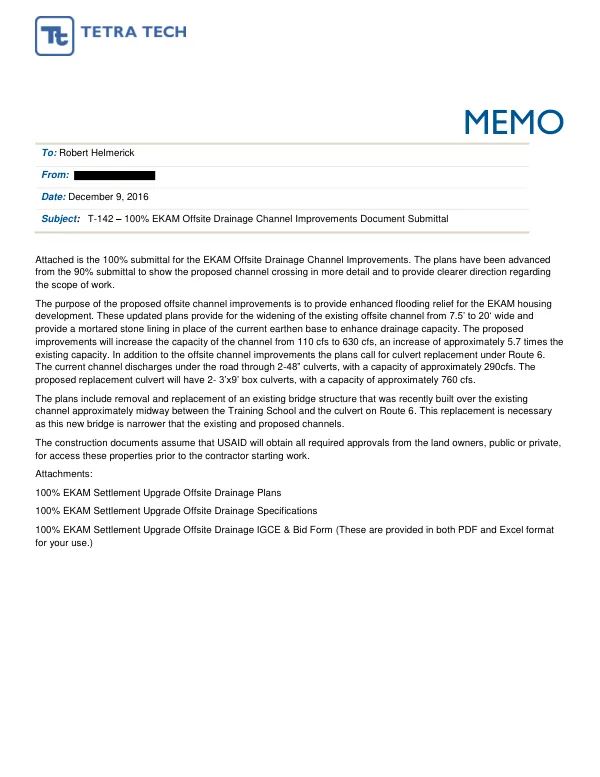 T-142 – 100% EKAM Offsite Drainage Channel Improvements Document Submittal