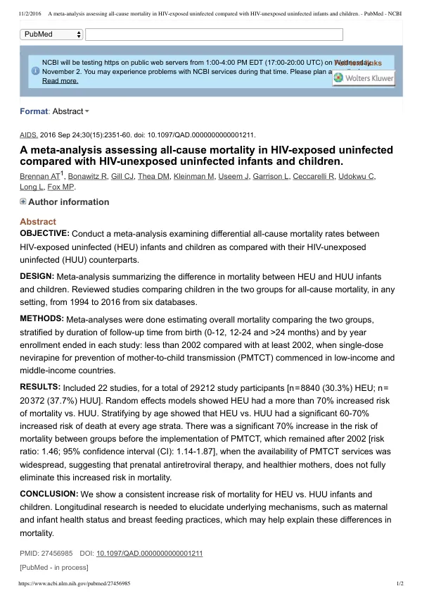 Meta-analysis assessing all-cause mortality in HIV-exposed uninfected compared with HIV-unexposed uninfected infants and children