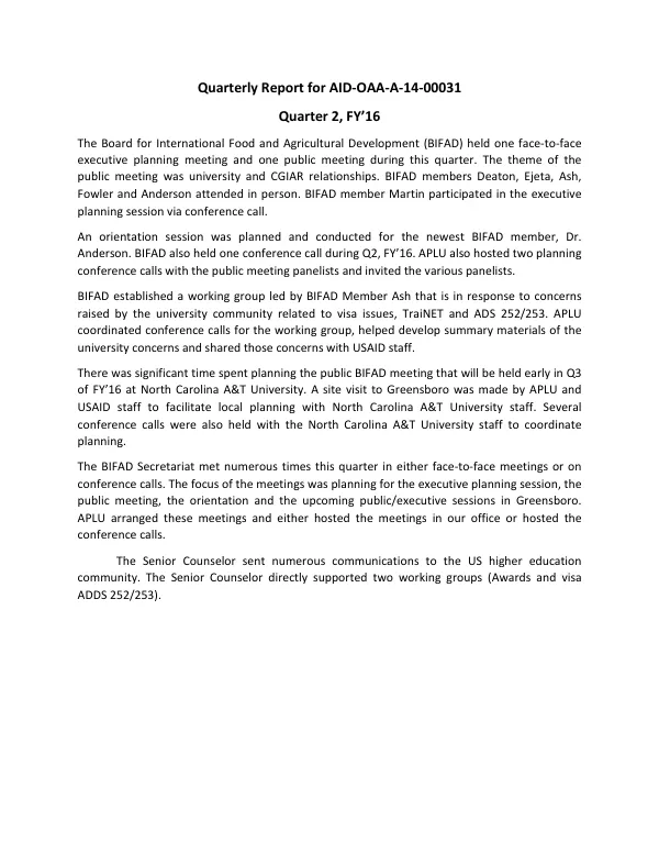 Quarterly Report for AID-OAA-A-14-00031