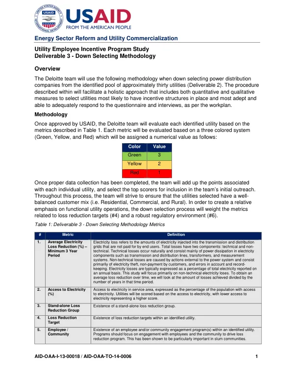 Energy Sector Reform and Utility Commercialization - Utility Employee Incentive Program Study