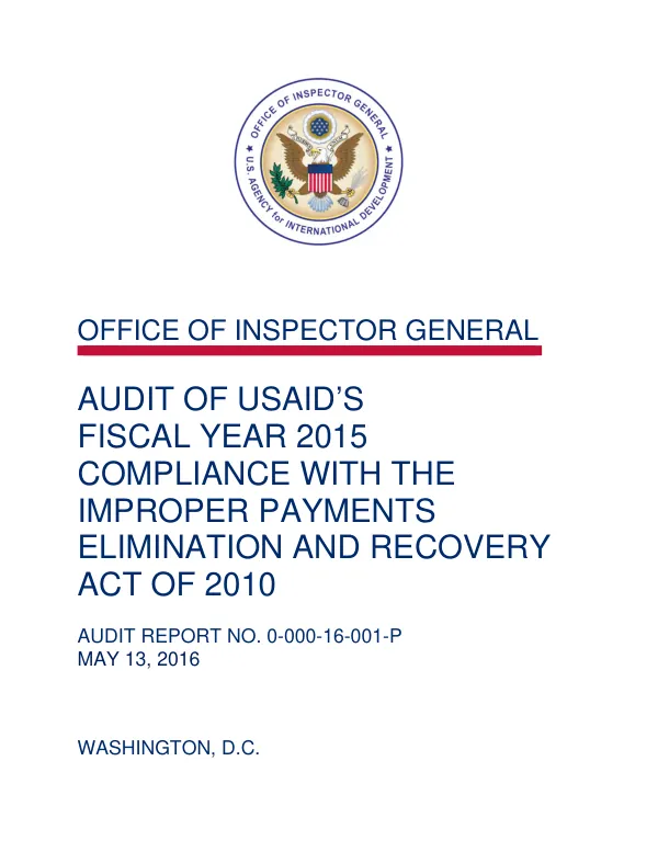 Audit of USAID's Fiscal Year 2015 Compliance with the Improper Payments Elimination and Recovery Act of 2010