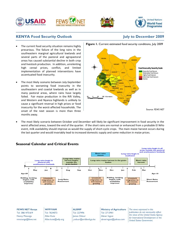 Kenya food security outlook, July to December 2009