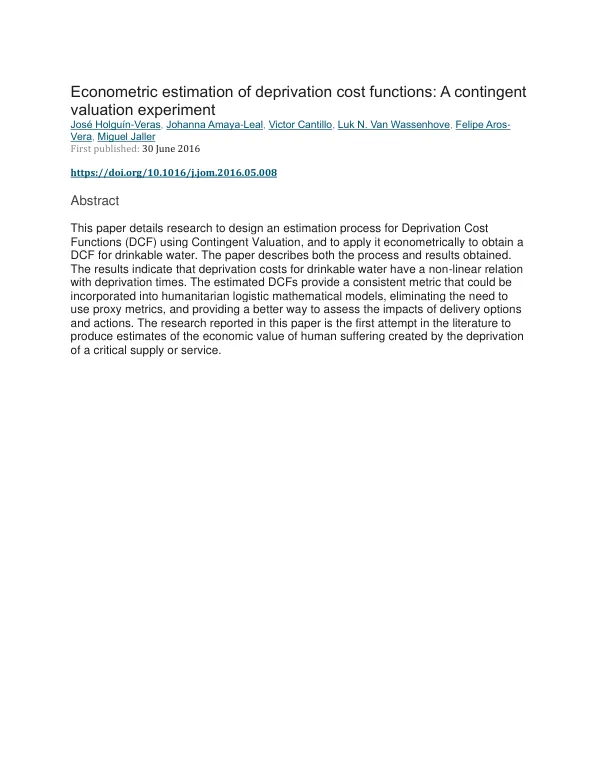 Econometric estimation of deprivation cost functions: A contingent valuation experiment