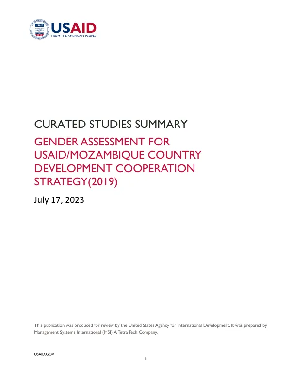 Gender Assessment for USAID/Mozambique Country Development Cooperation Strategy (2019)