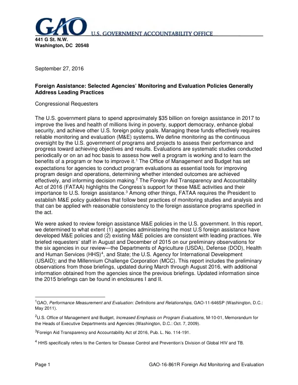 Foreign Aid Monitoring and Evaluation: Selected Agencies' Monitoring and Evaluation Policies Generally Address Leading Practices