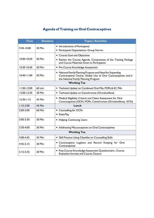 Agenda of Training on Oral Contraceptives