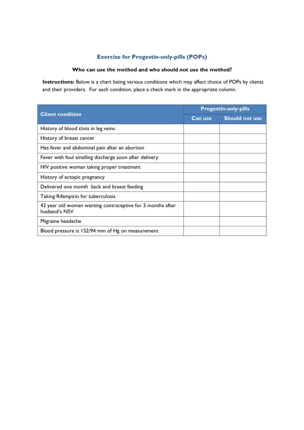 Exercise for Progestin-only-pills (POPs) Client Assessment