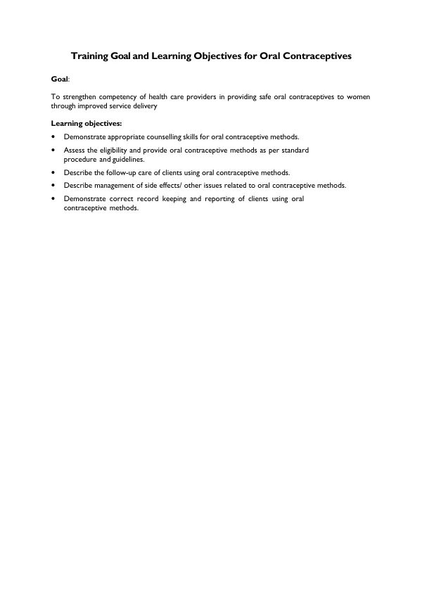 Training Goal and Learning Objectives for Oral Contraceptives