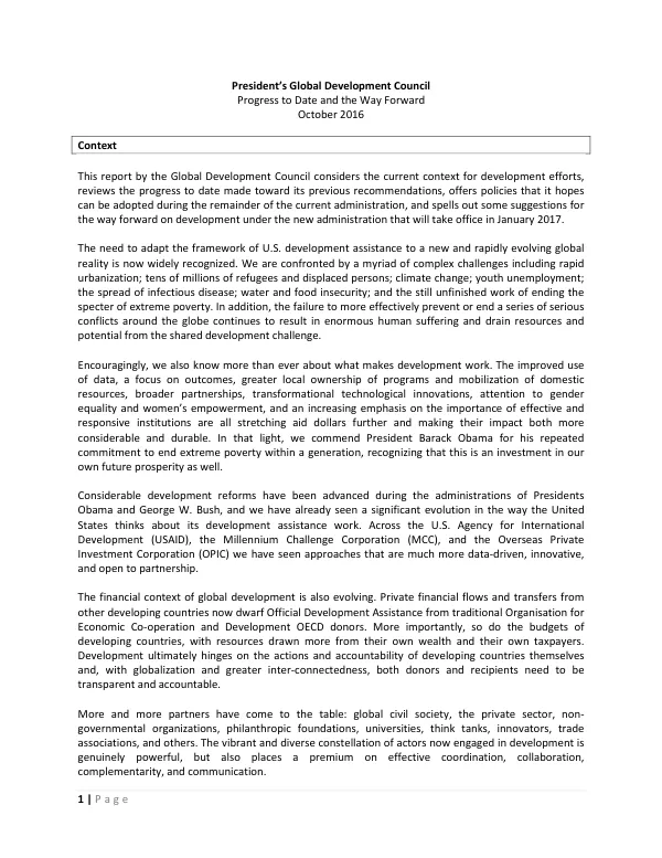 President’s Global Development Council Progress to Date and the Way Forward