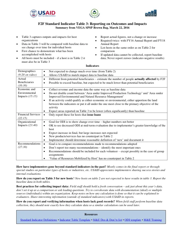 F2F Standard Indicator Table 3: Reporting on Outcomes and Impacts