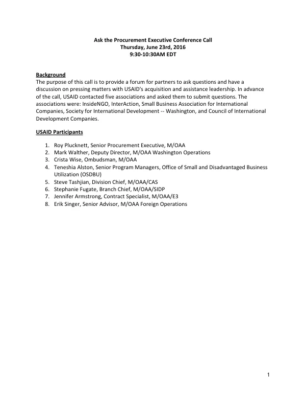 Ask the Procurement Executive Conference Call