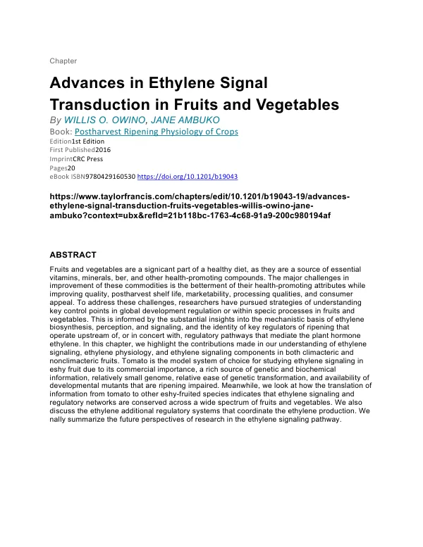 Advances in Ethylene Signal Transduction in Fruits and Vegetables