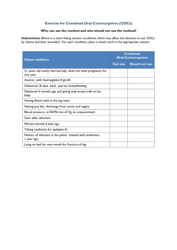 Exercise for Combined Oral Contraceptives (COCs)