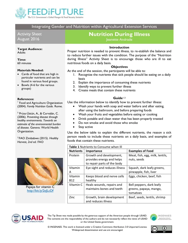 Integrating Gender and Nutrition within Agricultural Extension Services Activity Sheet: Nutrition During Illness