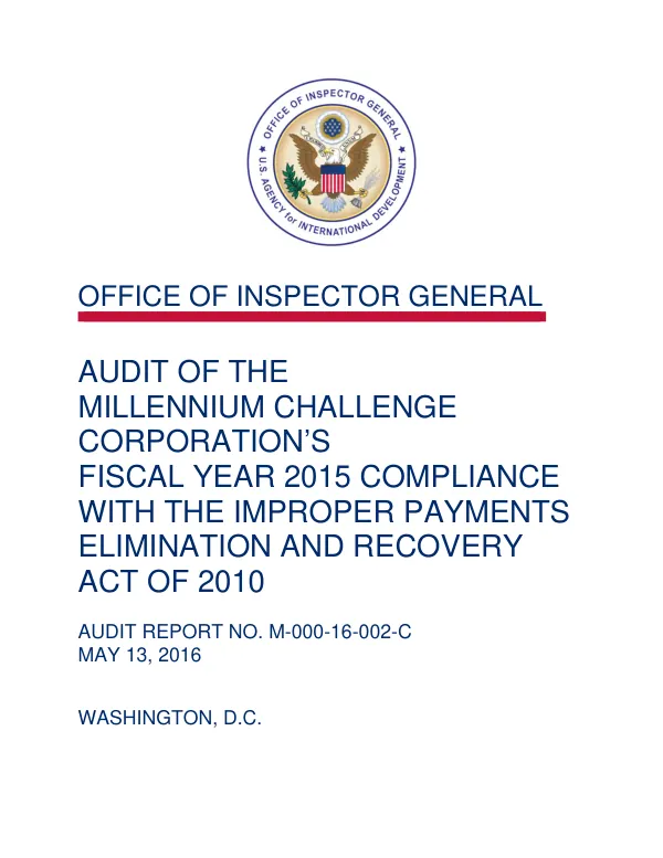 Audit of the Millennium Challenge Corporation's Fiscal Year 2015 Compliance with the Improper Payments Elimination and Recovery Act of 2010
