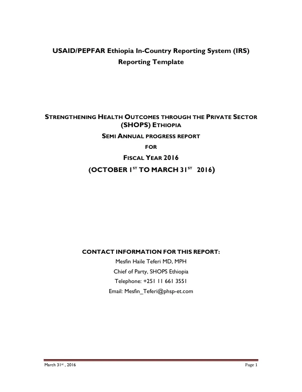 Semi Annual Progress Report: Strengthening Health Outcomes through the Private Sector (SHOPS) Ethiopia
