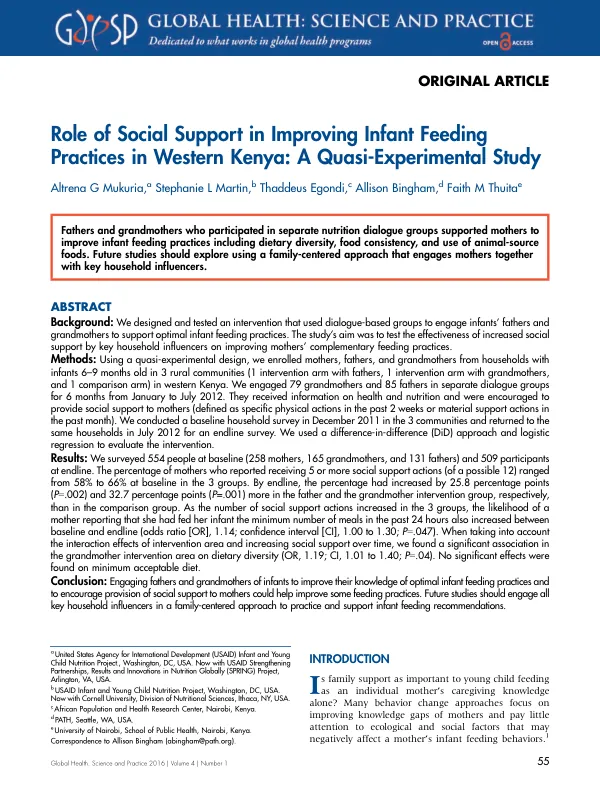 Role of Social Support in Improving Infant Feeding Practices in Western Kenya: A Quasi-Experimental Study