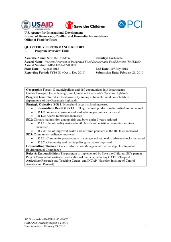 PAISANO Quarterly Report FY16Q1