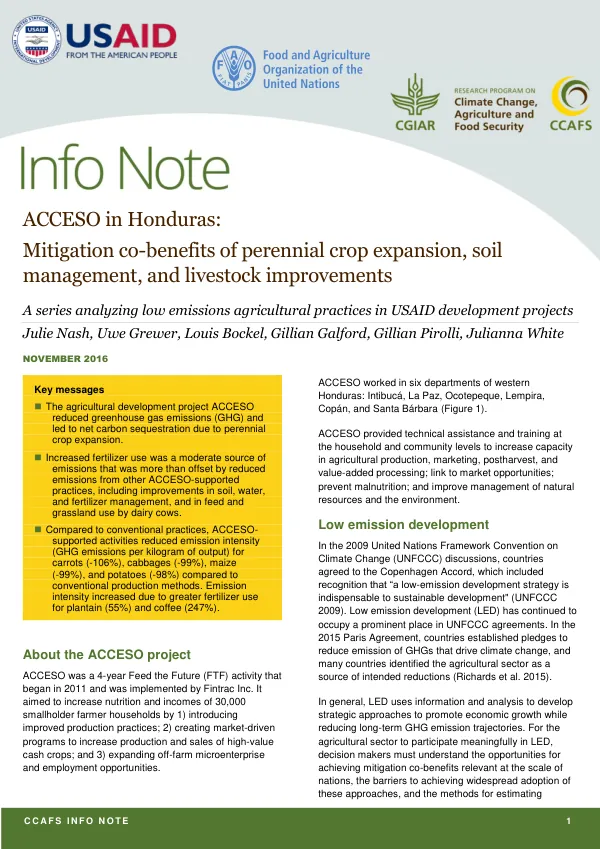 Mitigation co-benefits of perennial crop expansion, soil management, and livestock improvements in ACCESO in Honduras