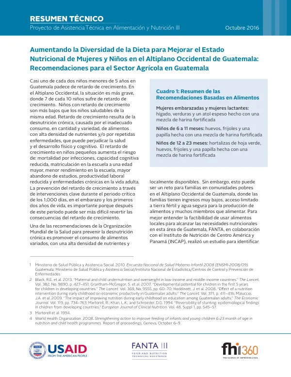 Aumentando la Diversidad de la Dieta para Mejorar el Estado Nutricional de Mujeres y Niños en el Altiplano Occidental de Guatemala: Recomendaciones para el Sector Agrícola en Guatemala